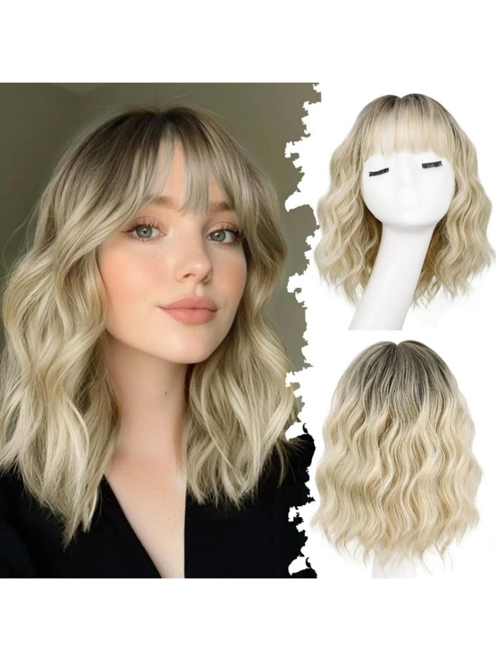 Ombre Blonde Wavy Bob Wig with Bangs - Heat Resistant 12" Short Hair for Daily